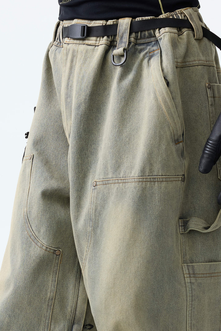 Men's Washed Olive Real Denim Utility-Panel Baggy Snow Pants