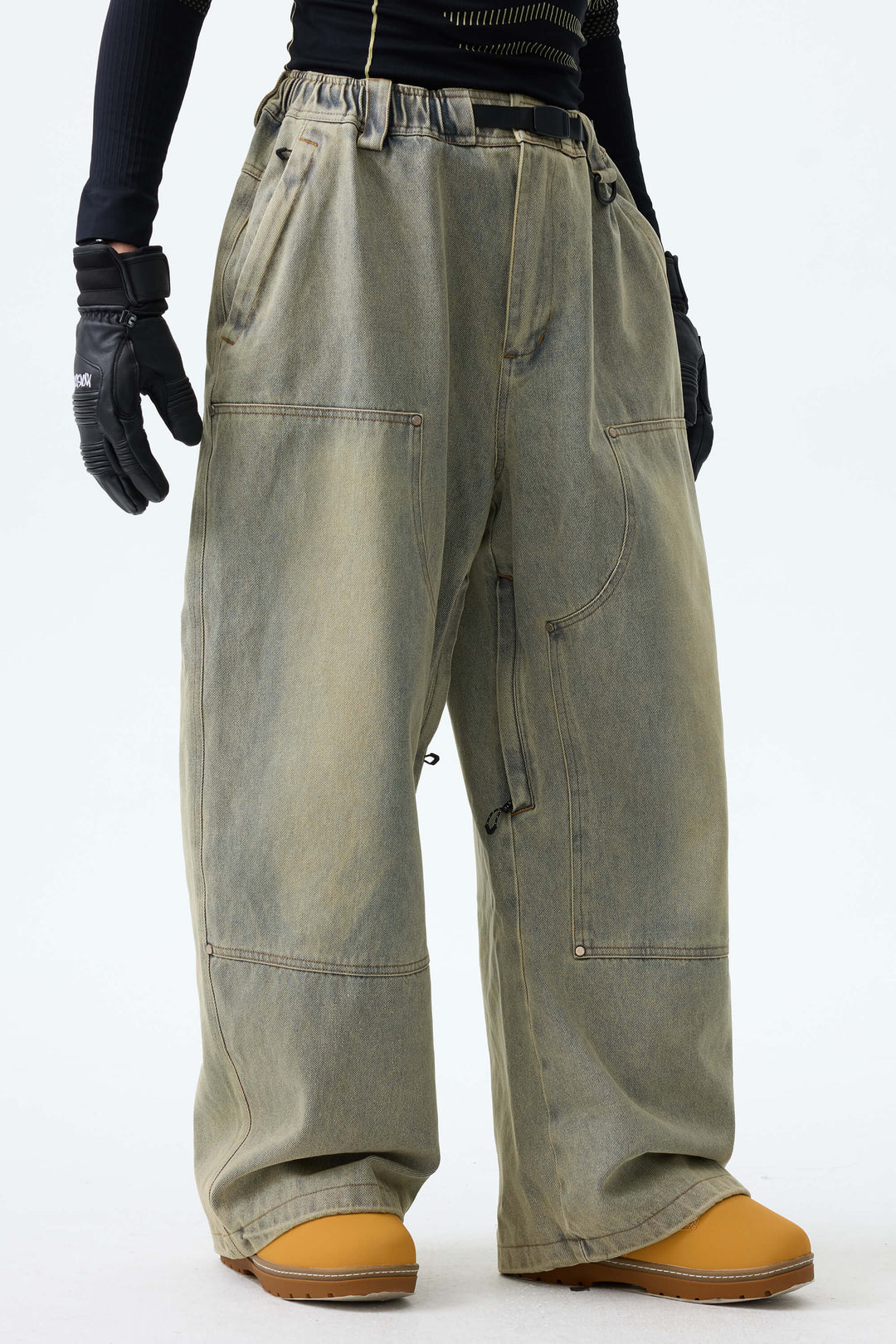 Men's Washed Olive Real Denim Utility-Panel Baggy Snow Pants