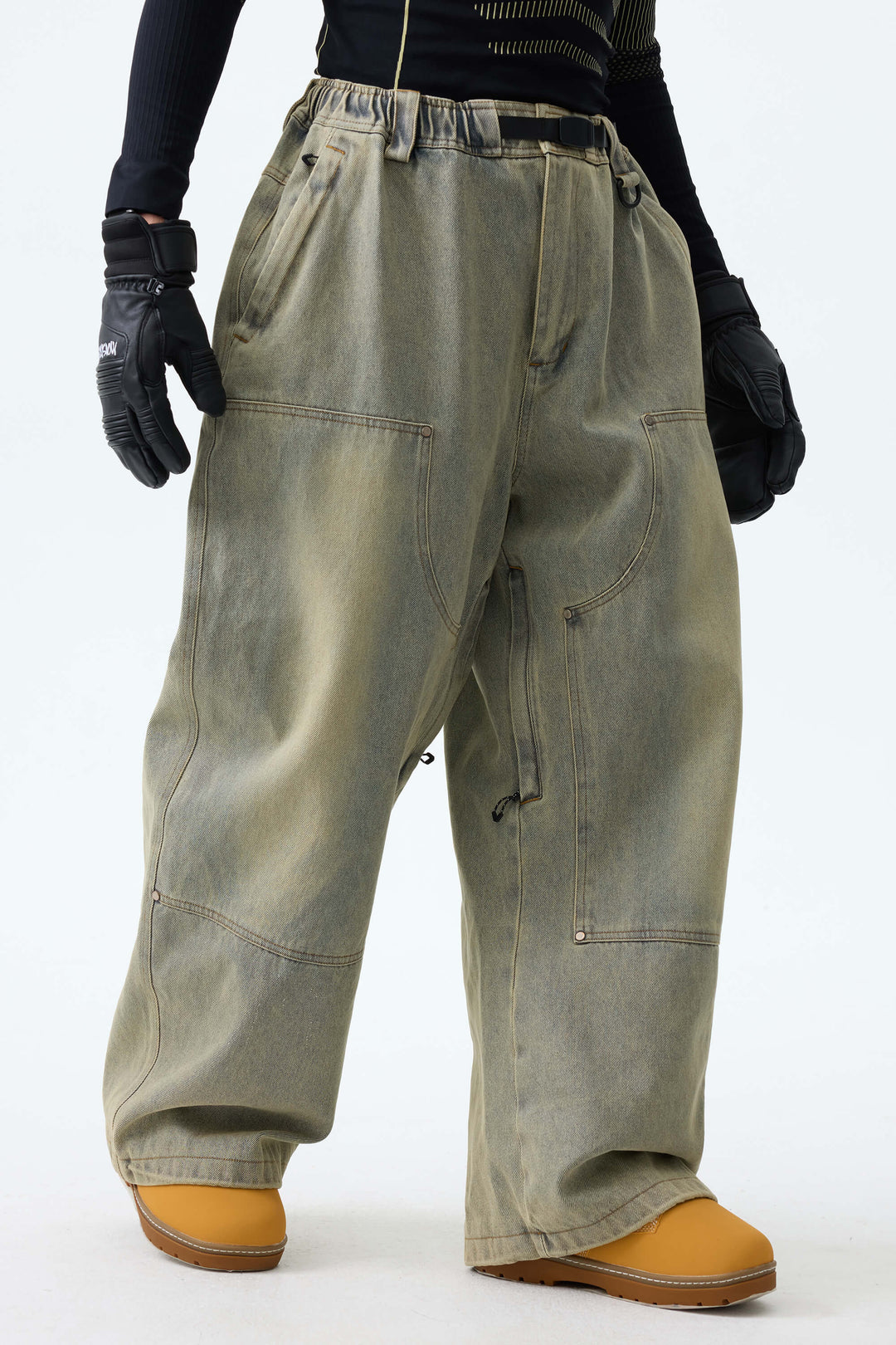 Men's Washed Olive Real Denim Utility-Panel Baggy Snow Pants