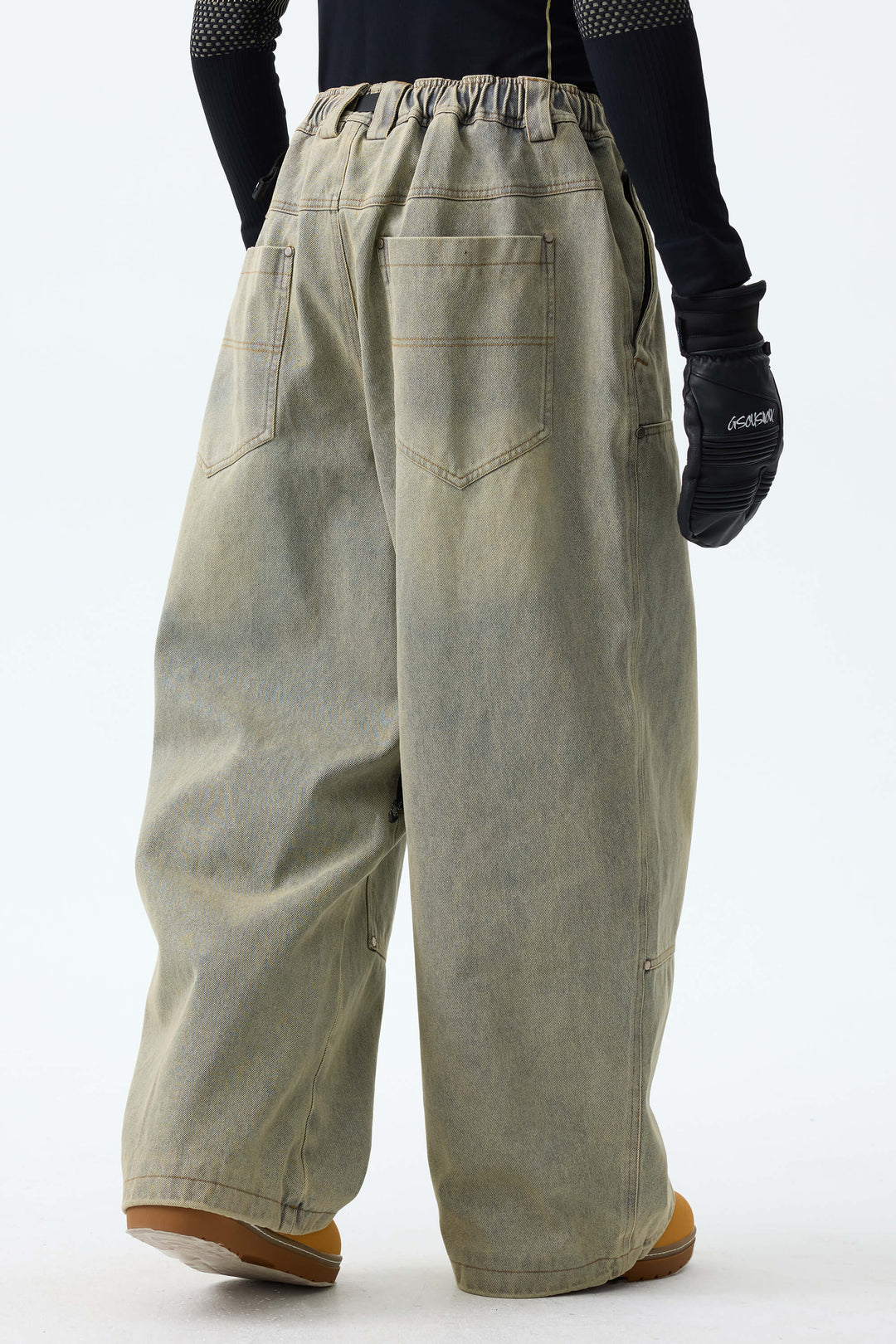 Men's Washed Olive Real Denim Utility-Panel Baggy Snow Pants