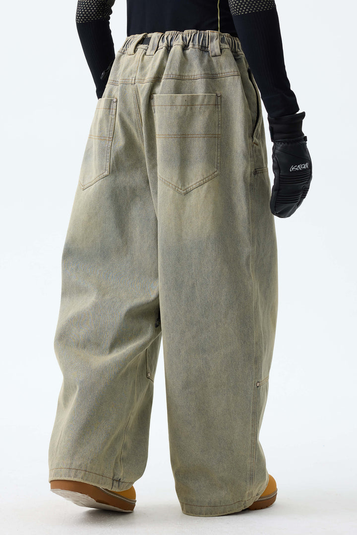 Men's Washed Olive Real Denim Utility-Panel Baggy Snow Pants