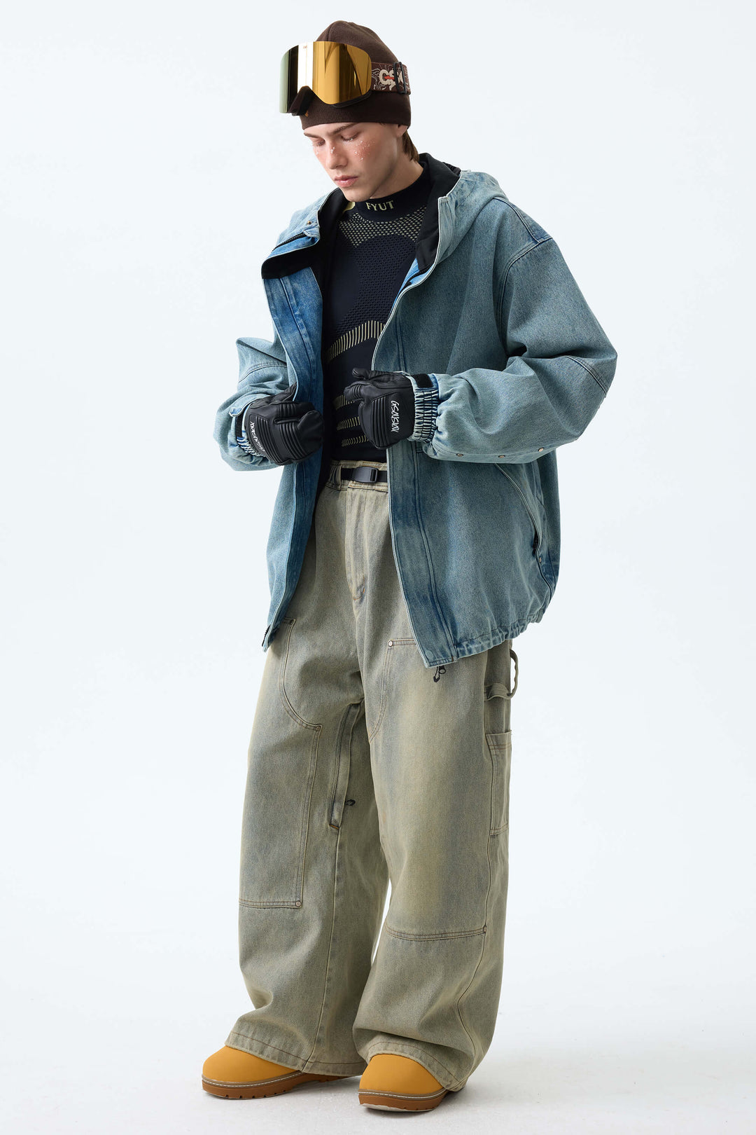 Men's Washed Olive Real Denim Utility-Panel Baggy Snow Pants
