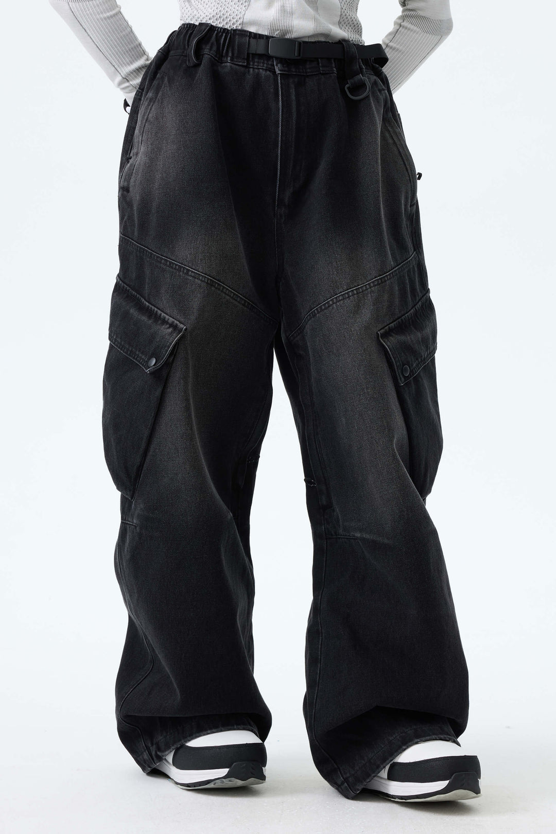 Women's Washed Black Real Denim Vintage Utility Cargo Snow Pants
