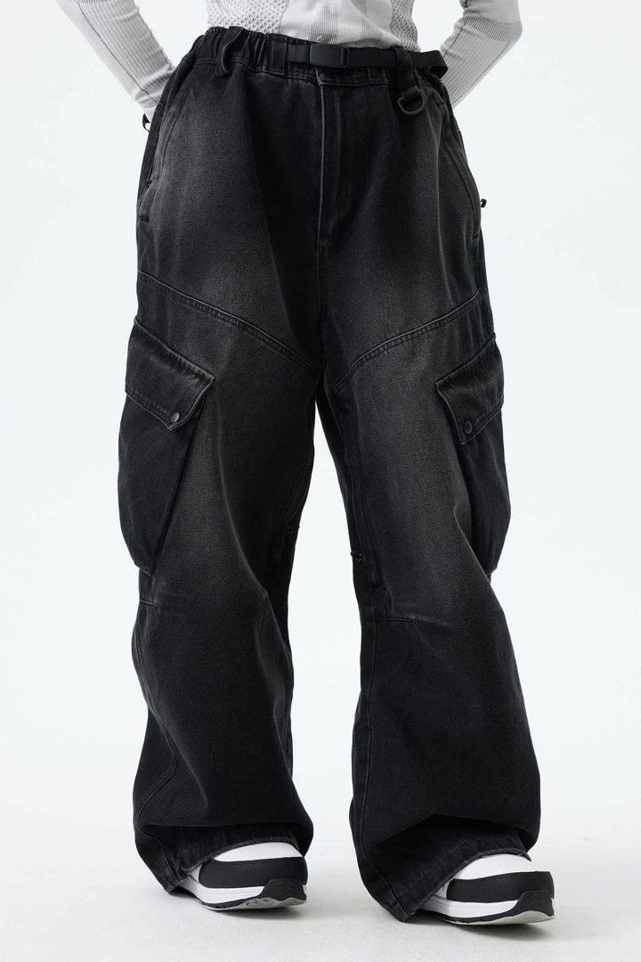 Women's Washed Black Real Denim Vintage Utility Cargo Snow Pants
