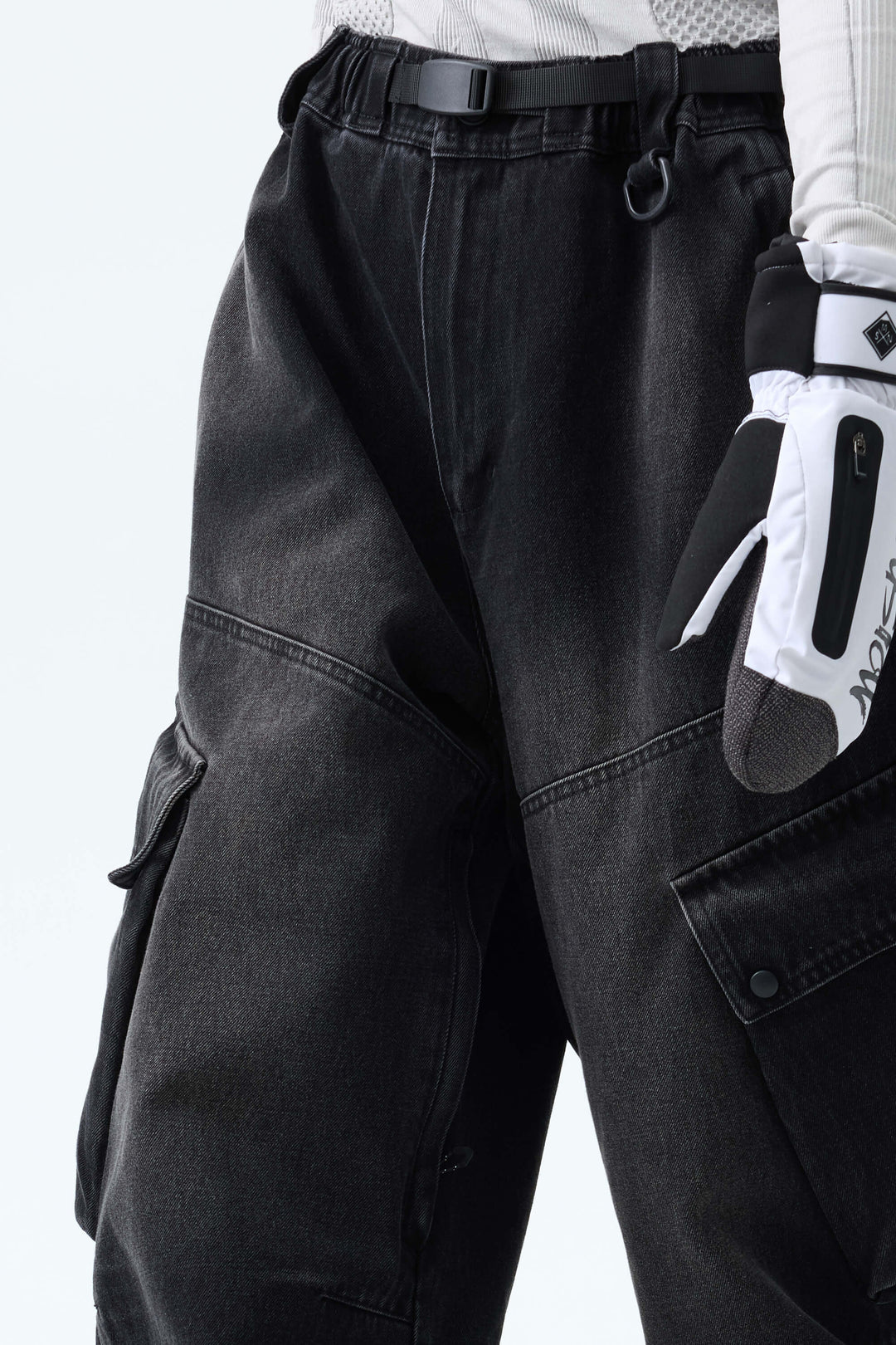 Women's Washed Black Real Denim Vintage Utility Cargo Snow Pants