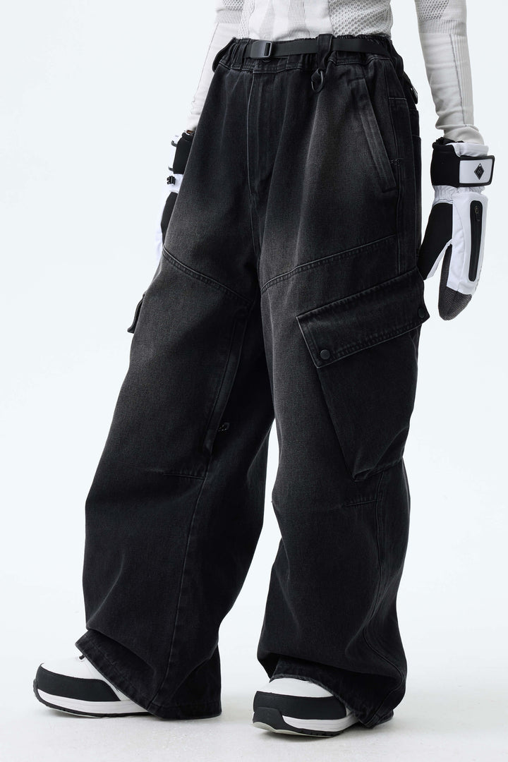 Women's Washed Black Real Denim Vintage Utility Cargo Snow Pants