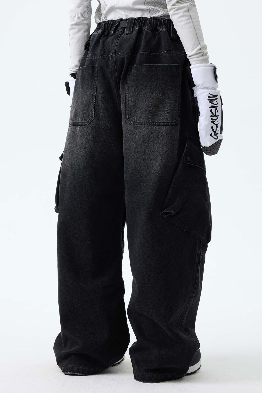 Women's Washed Black Real Denim Vintage Utility Cargo Snow Pants