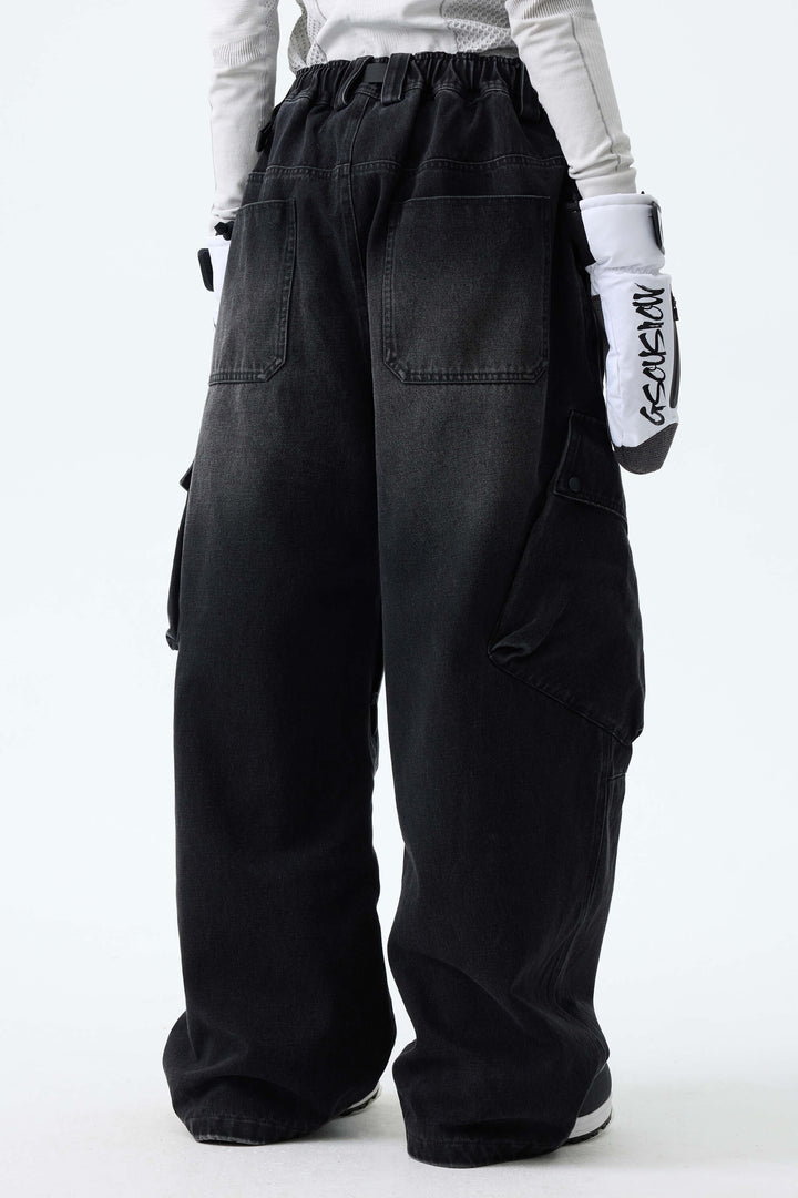 Women's Washed Black Real Denim Vintage Utility Cargo Snow Pants