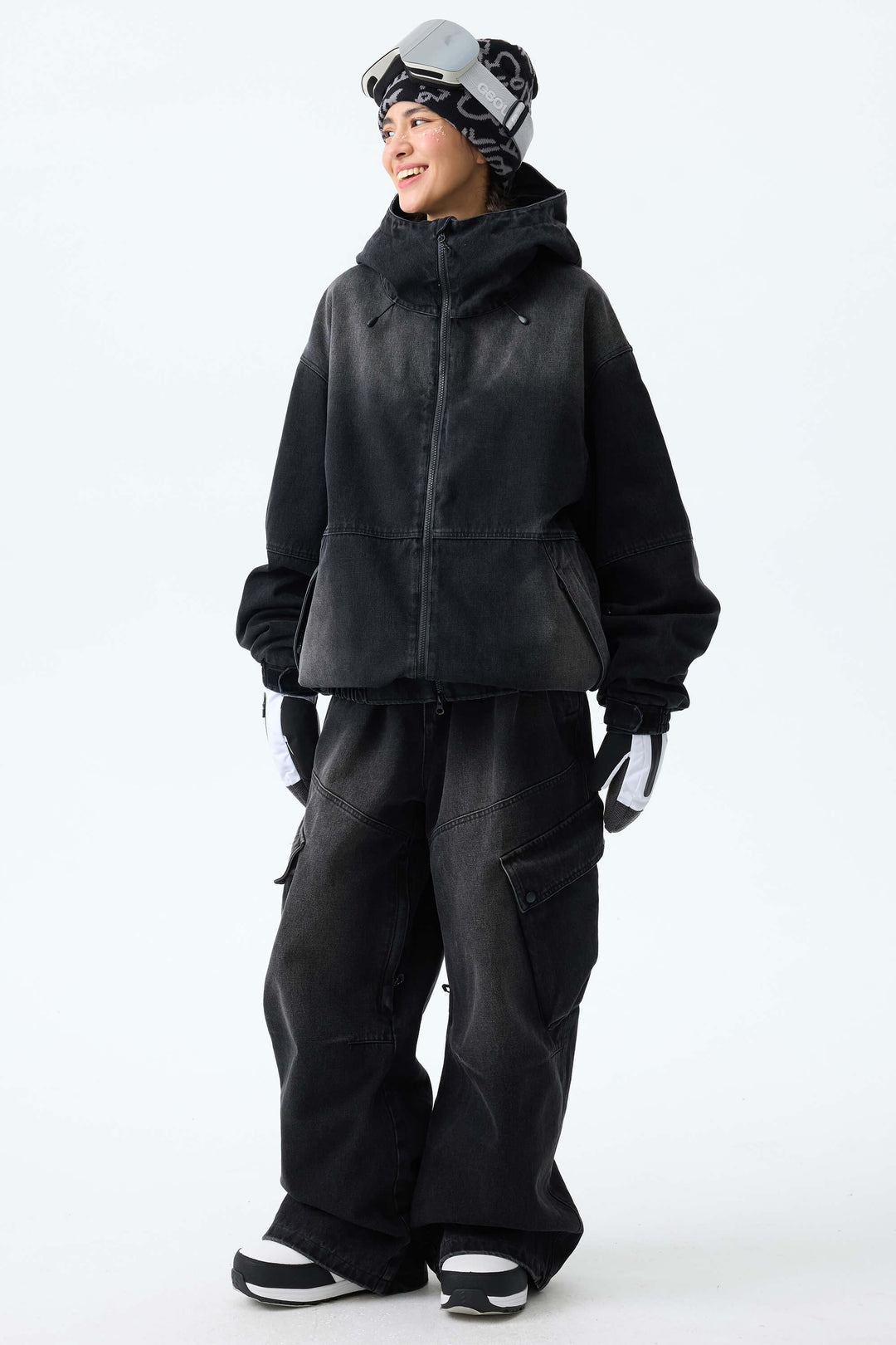 Women's Washed Black Real Denim Vintage Utility Cargo Snow Pants