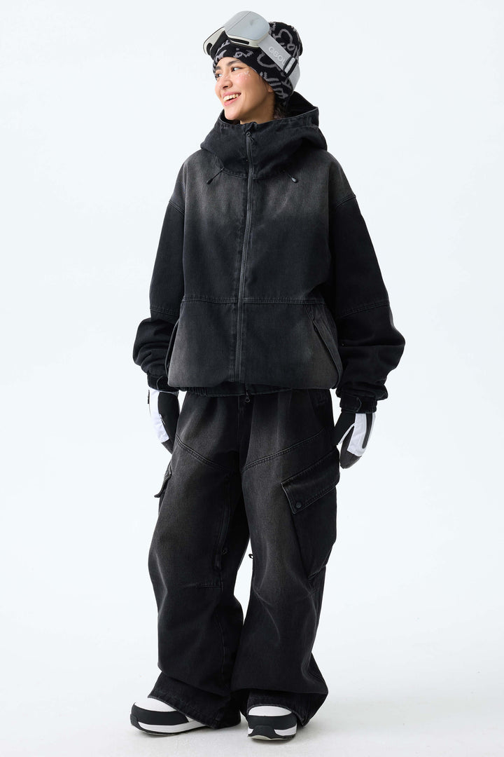Women's Washed Black Real Denim Vintage Utility Cargo Snow Pants