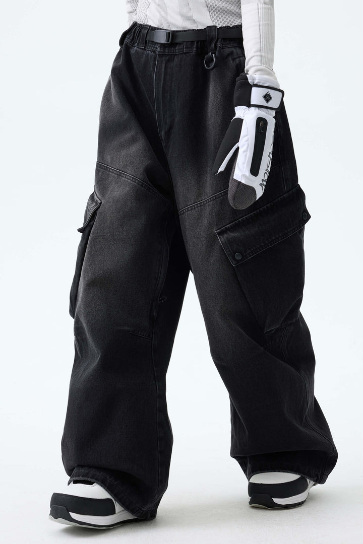 Women's Washed Black Real Denim Vintage Utility Cargo Snow Pants