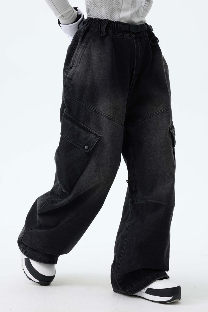 Women's Washed Black Real Denim Vintage Utility Cargo Snow Pants