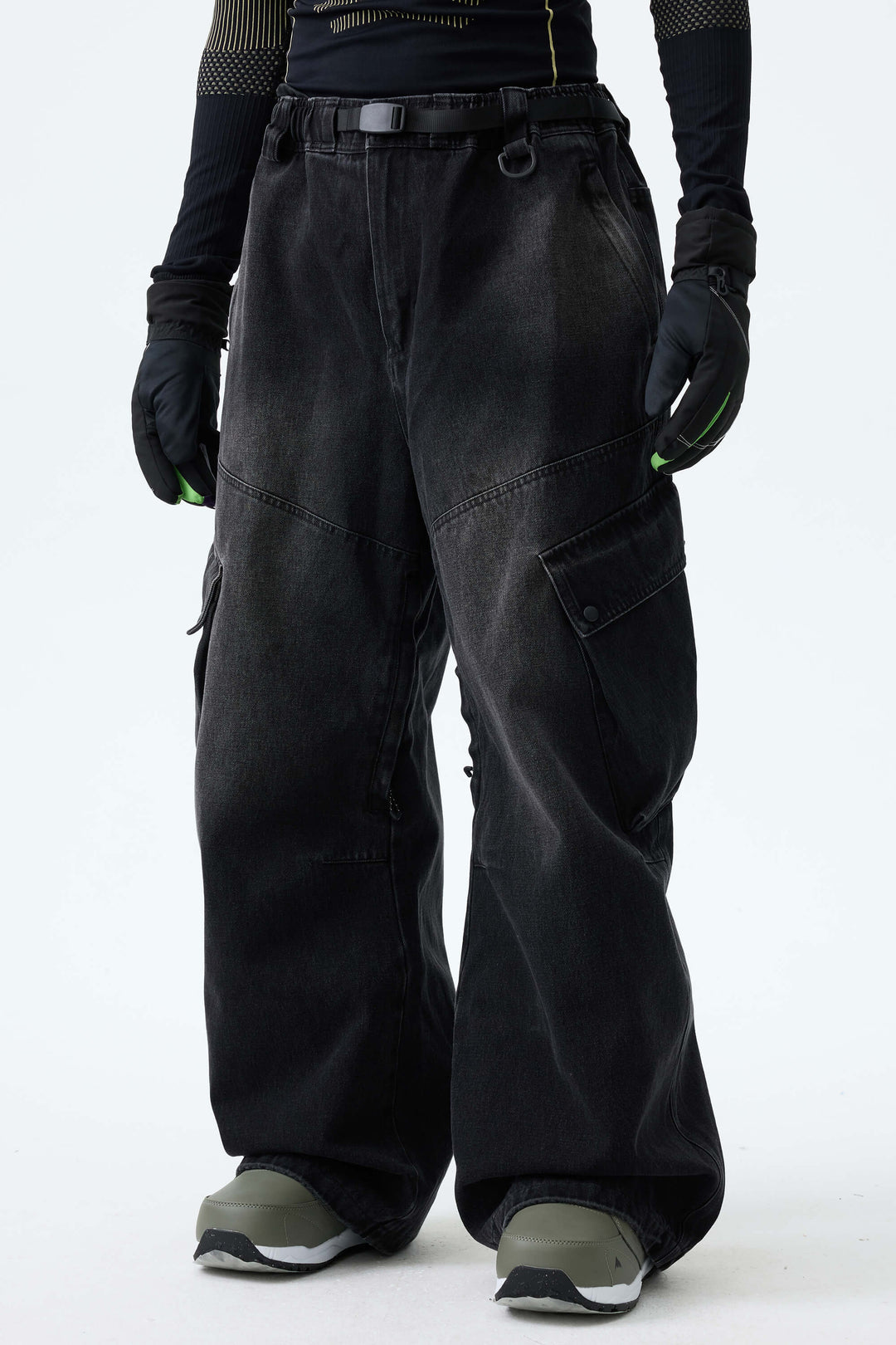 Men's Washed Black Real Denim Vintage Utility Cargo Snow Pants
