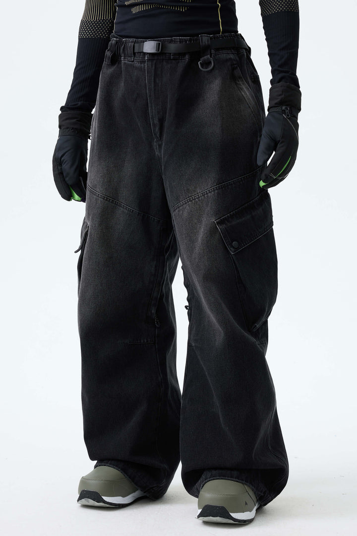 Men's Washed Black Real Denim Vintage Utility Cargo Snow Pants