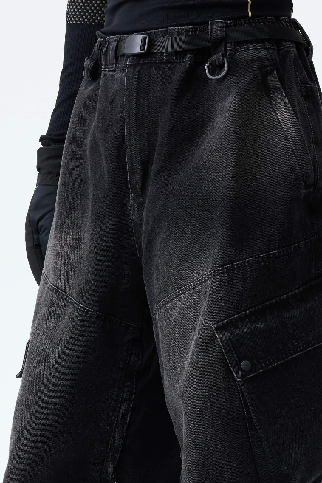 Men's Washed Black Real Denim Vintage Utility Cargo Snow Pants