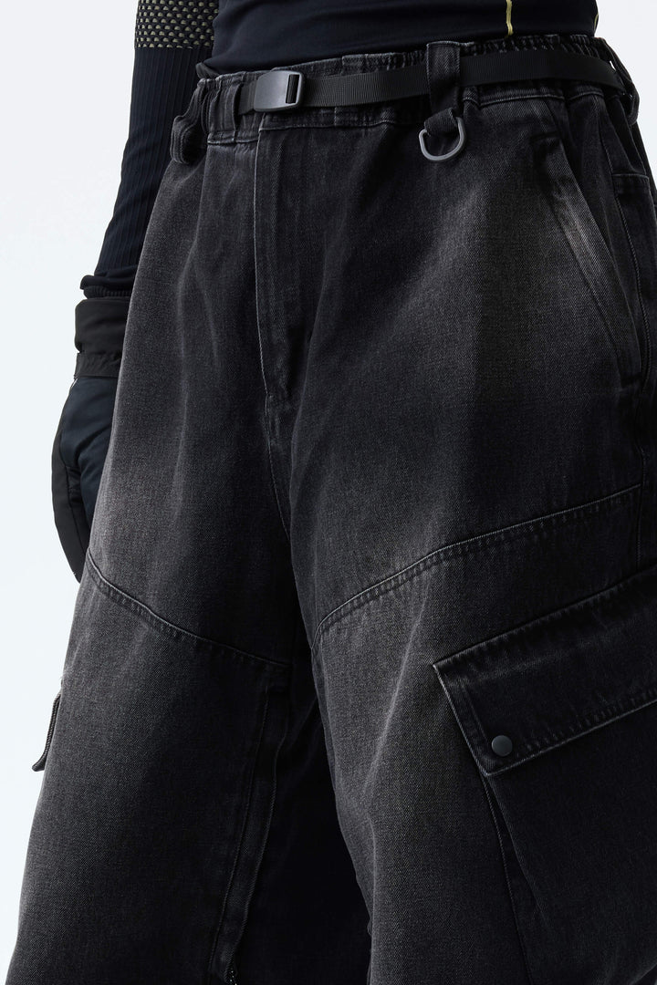 Men's Washed Black Real Denim Vintage Utility Cargo Snow Pants