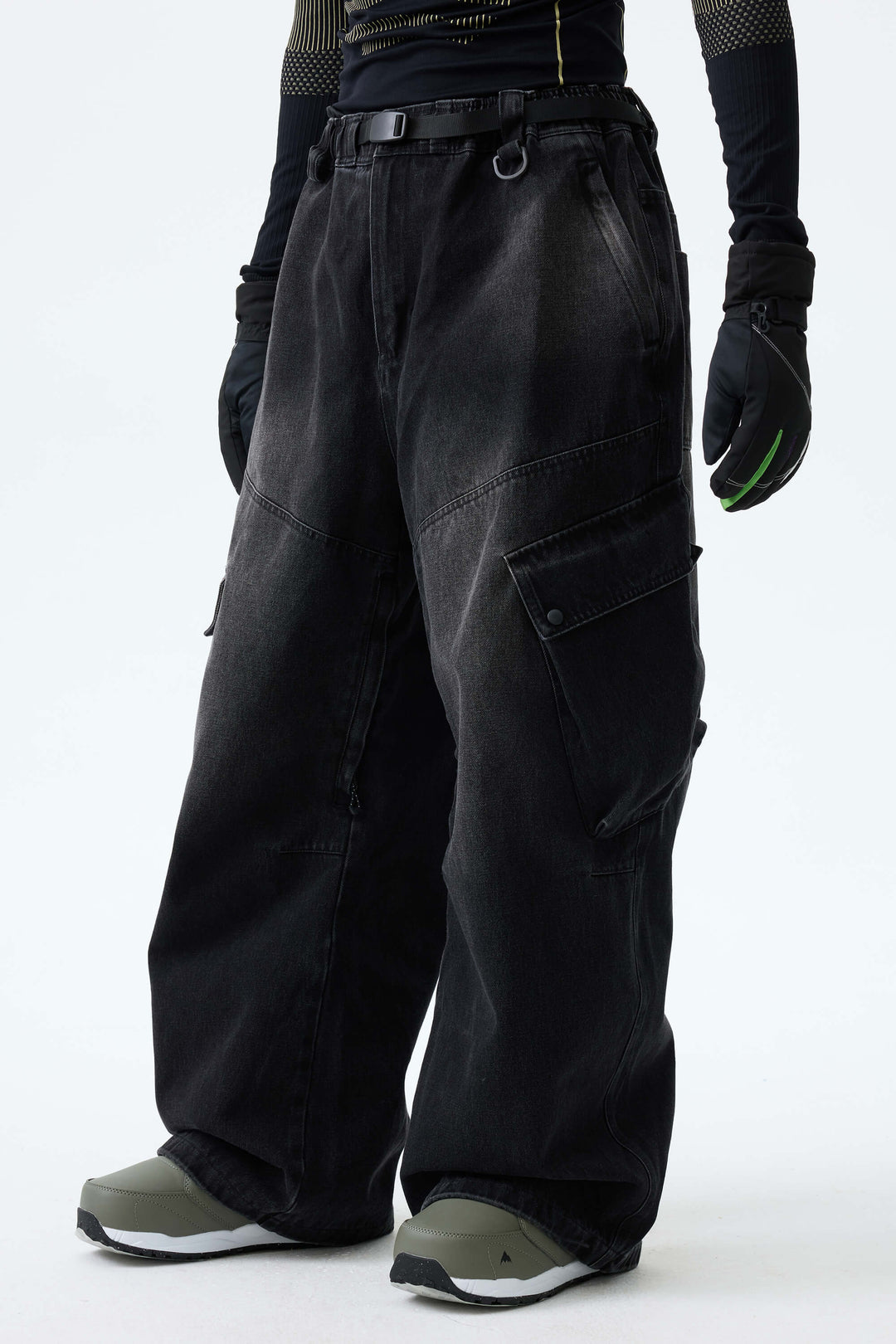 Men's Washed Black Real Denim Vintage Utility Cargo Snow Pants