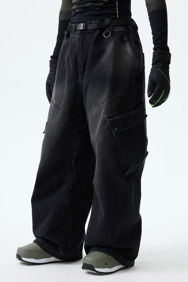 Men's Washed Black Real Denim Vintage Utility Cargo Snow Pants
