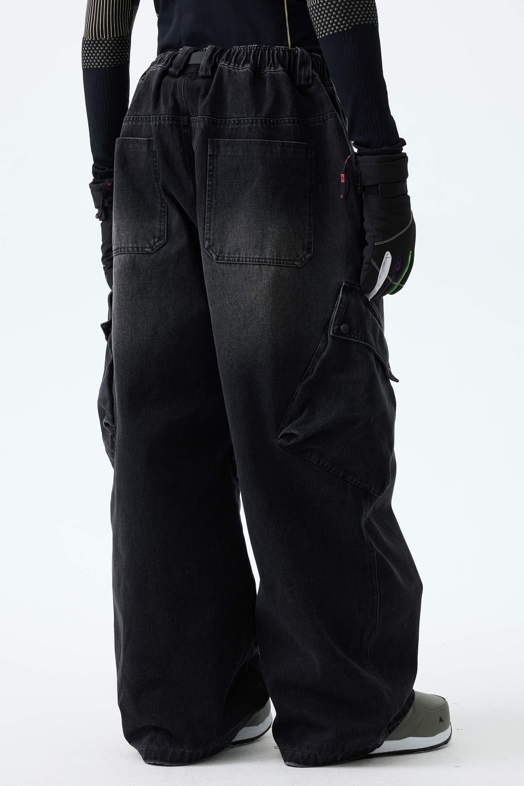 Men's Washed Black Real Denim Vintage Utility Cargo Snow Pants