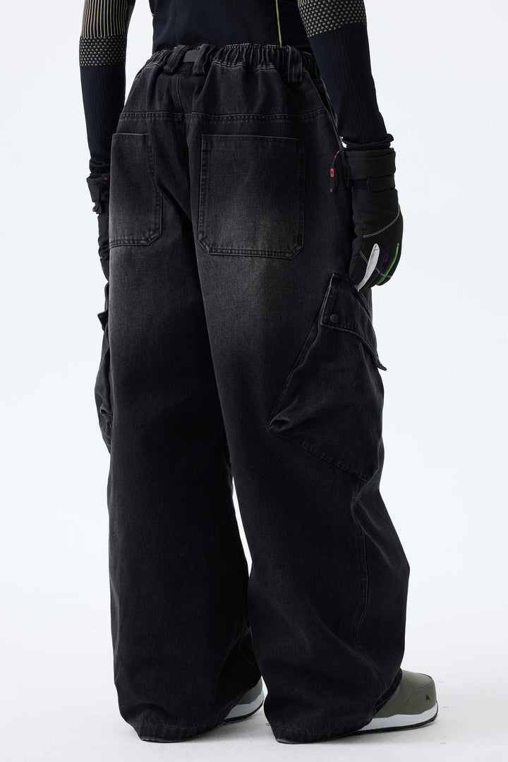 Men's Washed Black Real Denim Vintage Utility Cargo Snow Pants