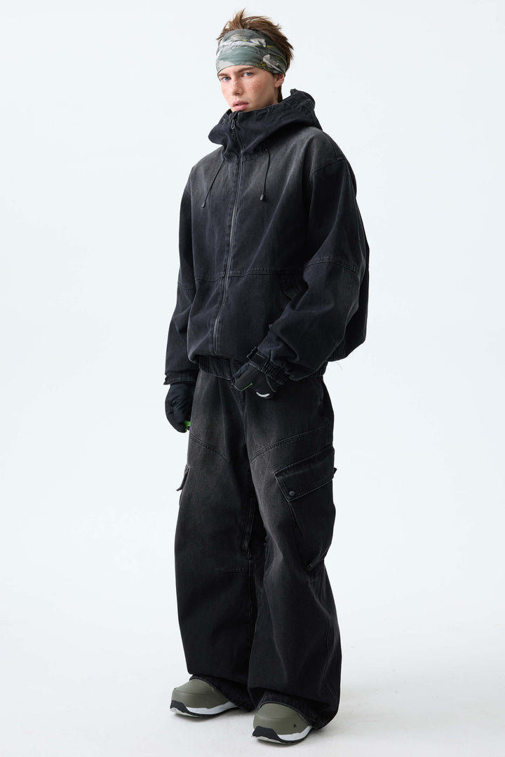 Men's Washed Black Real Denim Vintage Utility Cargo Snow Pants