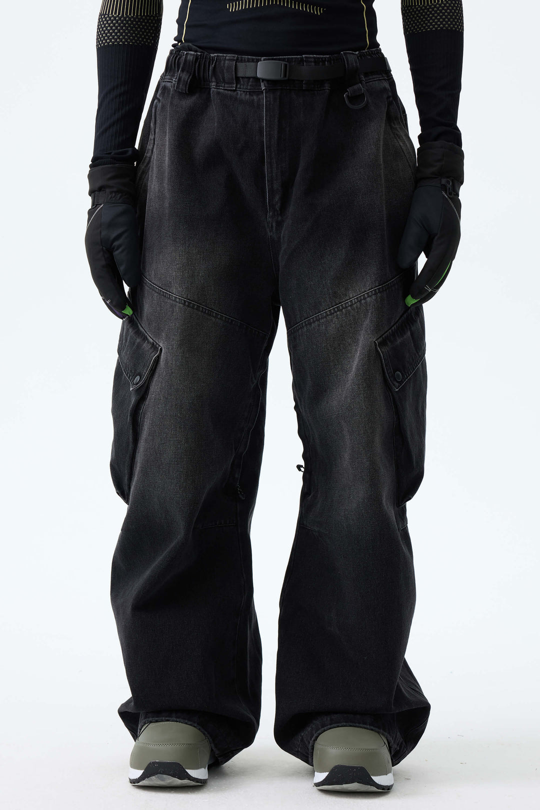 Men's Washed Black Real Denim Vintage Utility Cargo Snow Pants