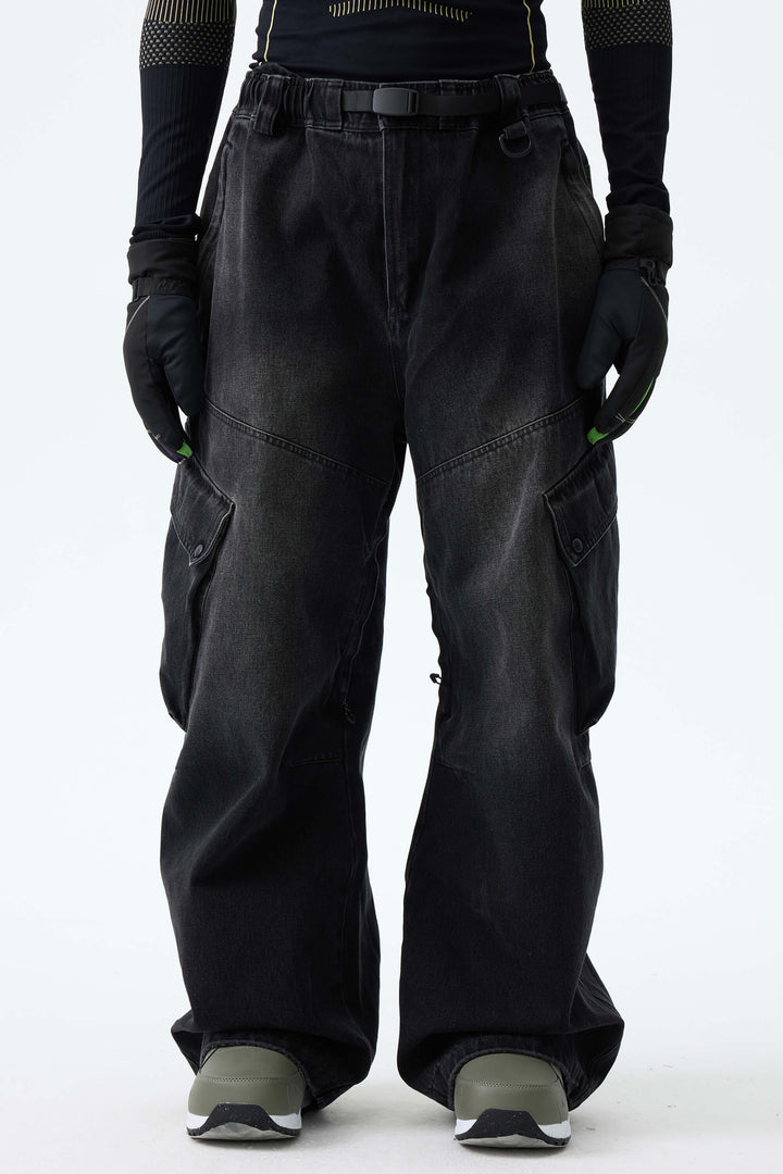 Men's Washed Black Real Denim Vintage Utility Cargo Snow Pants