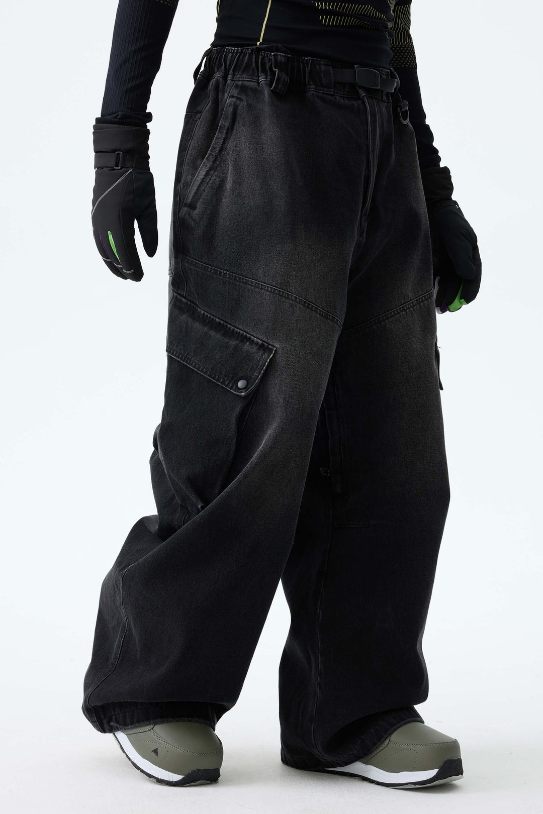 Men's Washed Black Real Denim Vintage Utility Cargo Snow Pants