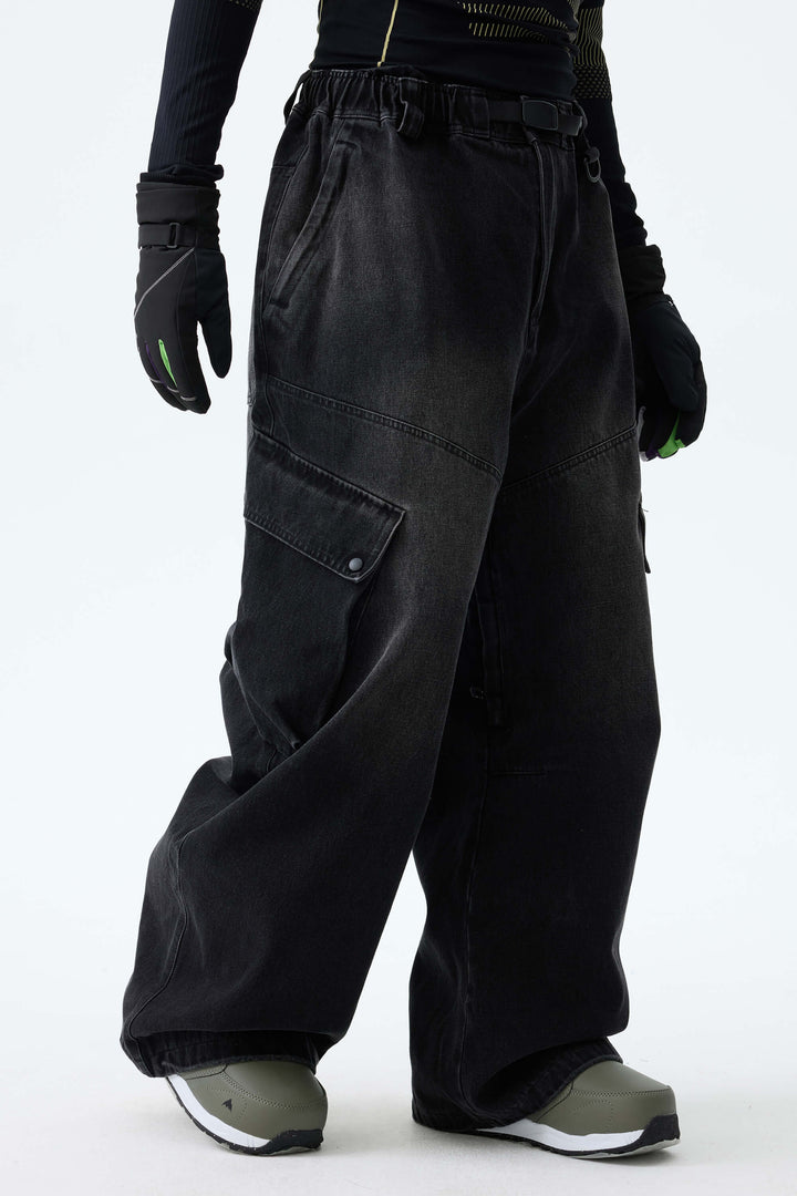 Men's Washed Black Real Denim Vintage Utility Cargo Snow Pants