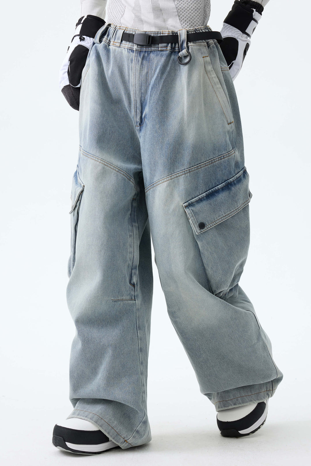 Women's Washed Black Real Denim Vintage Utility Cargo Snow Pants