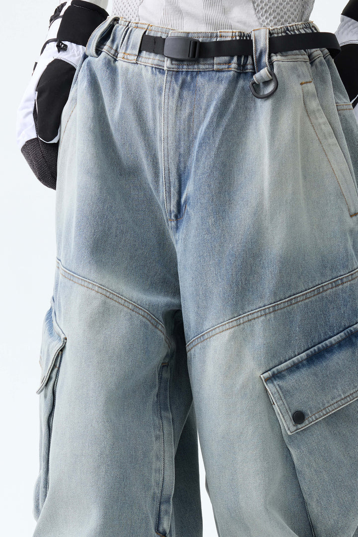 Women's Dusty Blue Wash Real Denim Vintage Utility Cargo Snow Pants