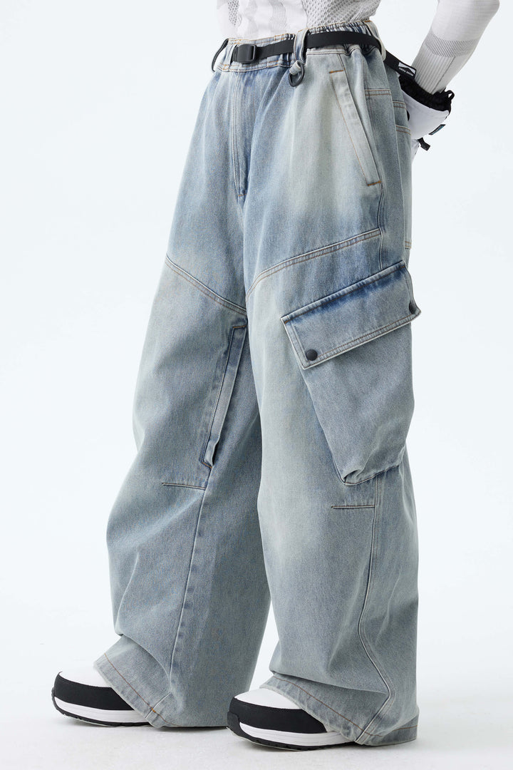 Women's Washed Black Real Denim Vintage Utility Cargo Snow Pants