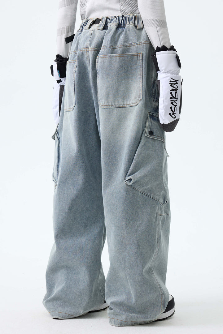 Women's Dusty Blue Wash Real Denim Vintage Utility Cargo Snow Pants