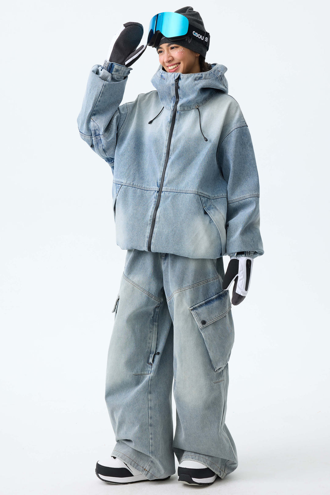 Women's Washed Black Real Denim Vintage Utility Cargo Snow Pants