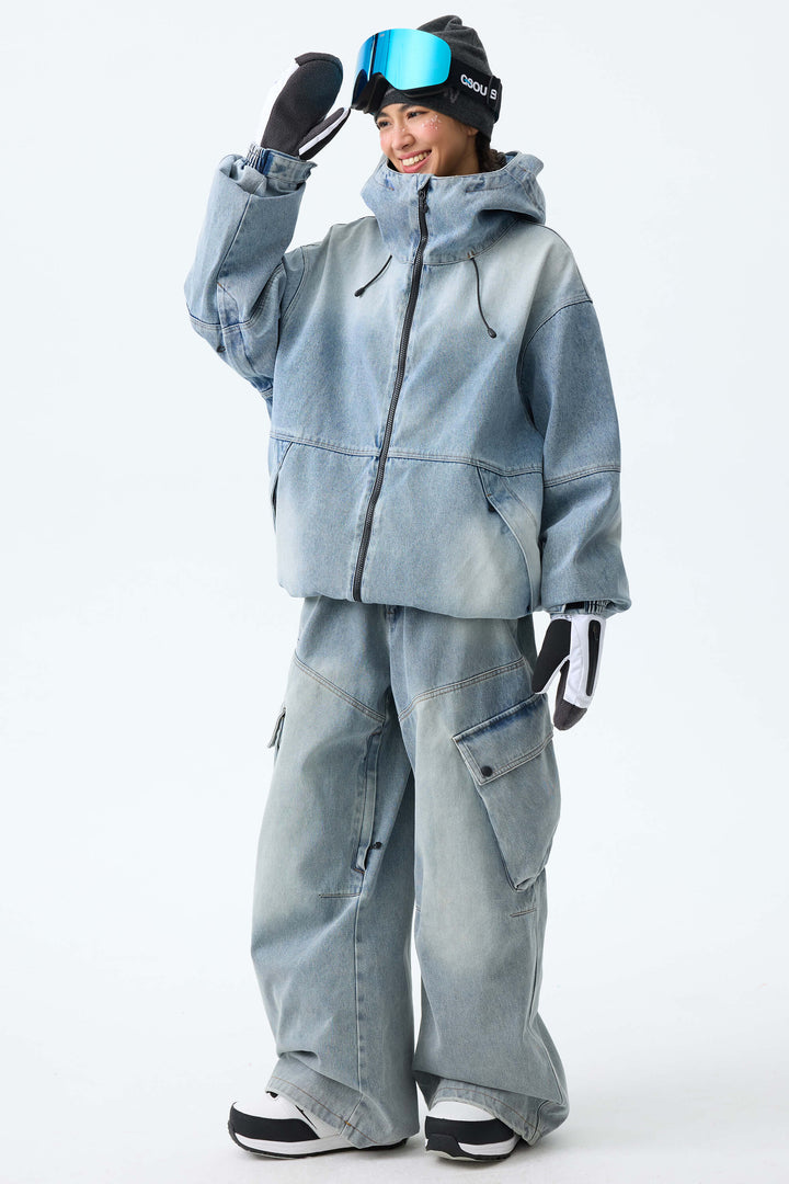 Women's Washed Black Real Denim Vintage Utility Cargo Snow Pants