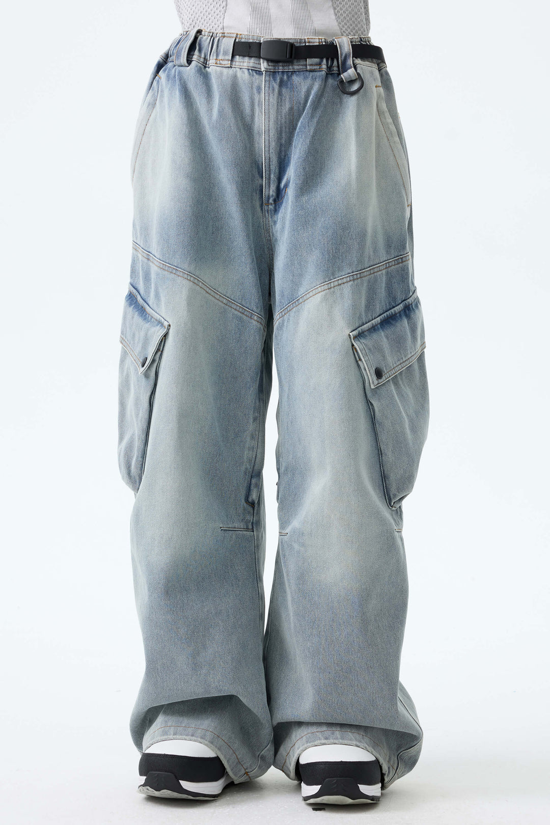 Women's Dusty Blue Wash Real Denim Vintage Utility Cargo Snow Pants