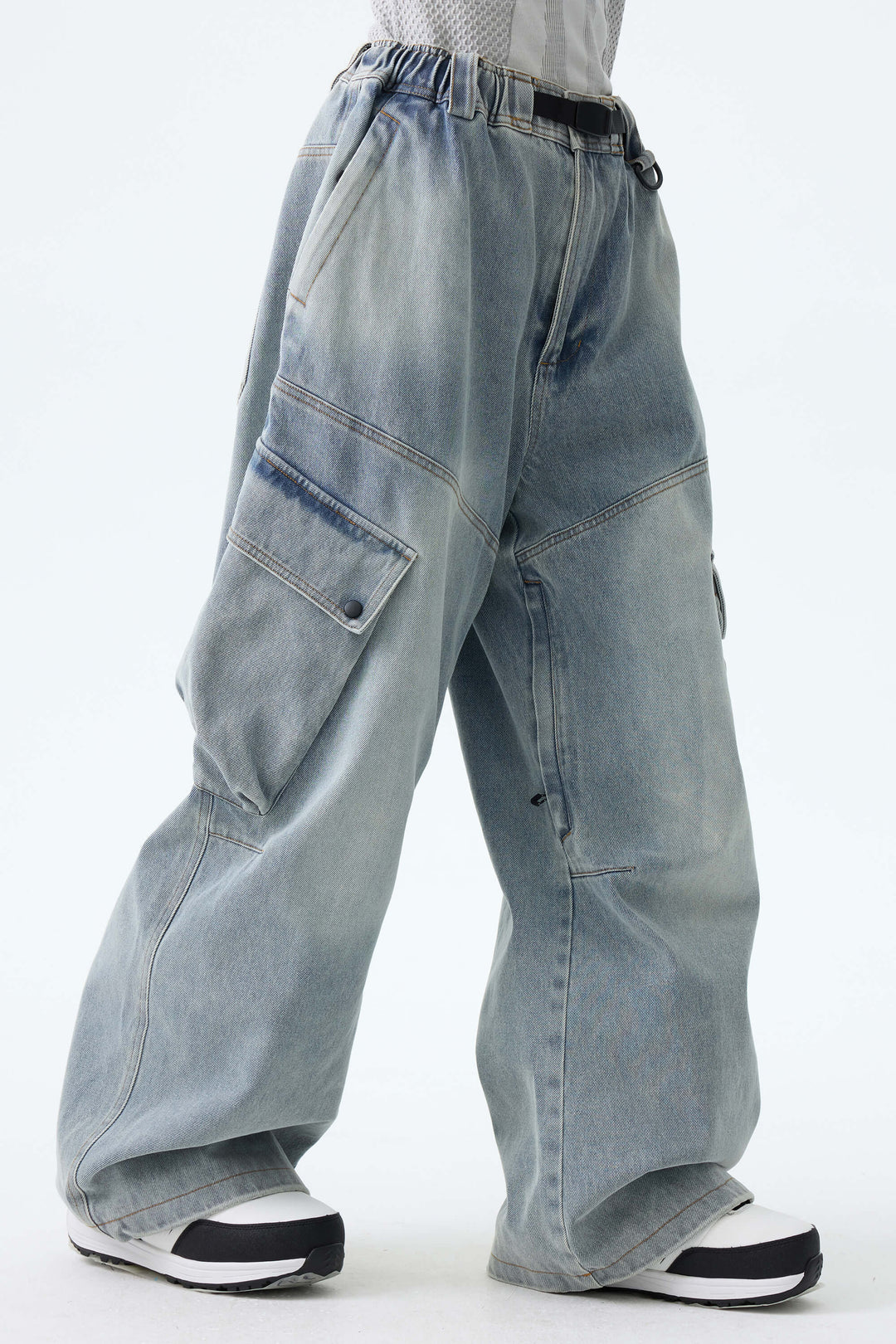 Women's Dusty Blue Wash Real Denim Vintage Utility Cargo Snow Pants