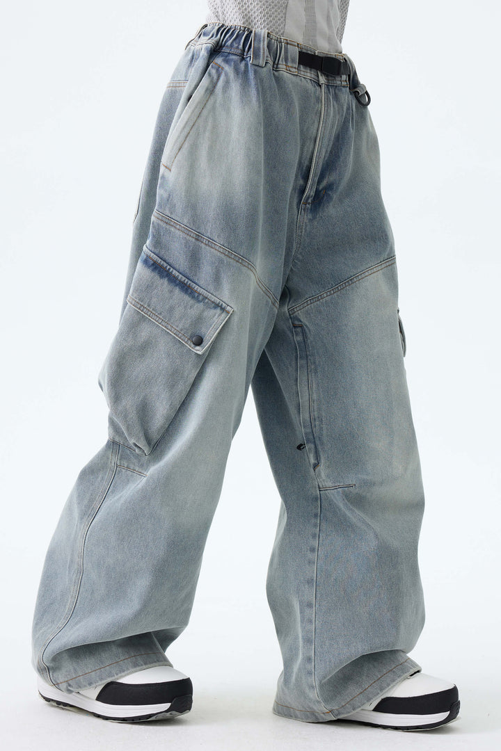 Women's Dusty Blue Wash Real Denim Vintage Utility Cargo Snow Pants