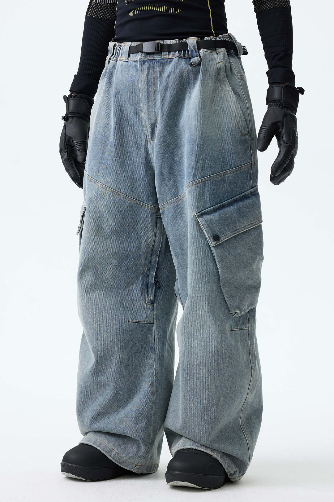 Men's Washed Black Real Denim Vintage Utility Cargo Snow Pants