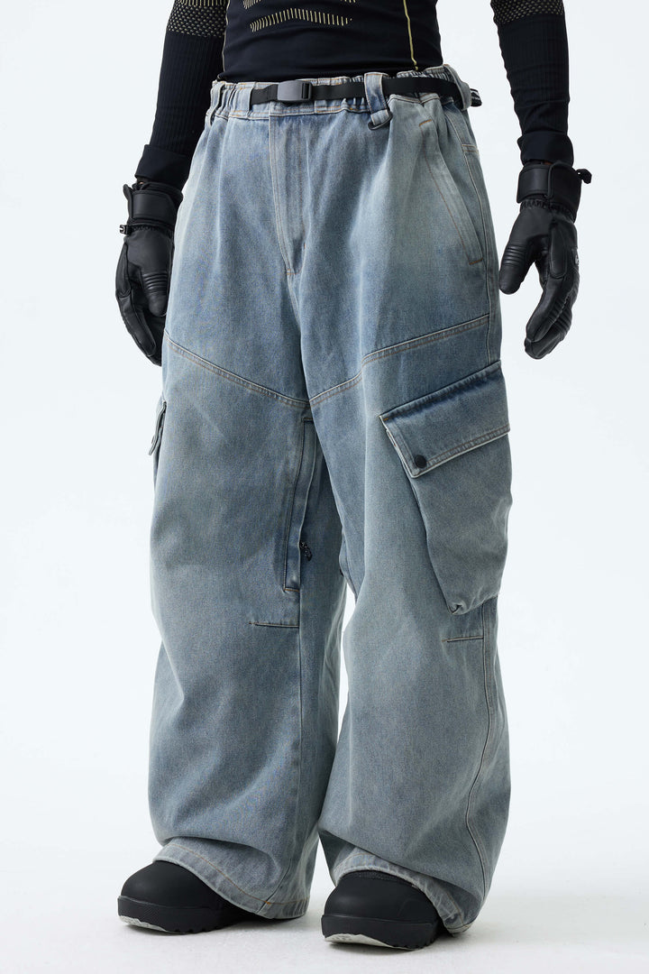 Men's Washed Black Real Denim Vintage Utility Cargo Snow Pants