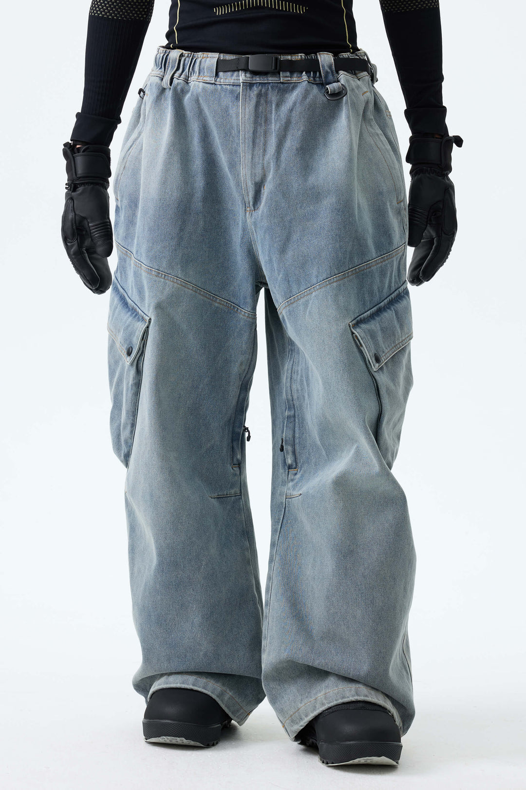 Men's Washed Black Real Denim Vintage Utility Cargo Snow Pants