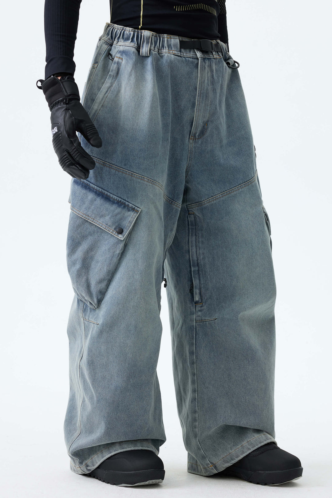 Men's Dusty Blue Wash Real Denim Vintage Utility Cargo Snow Pants