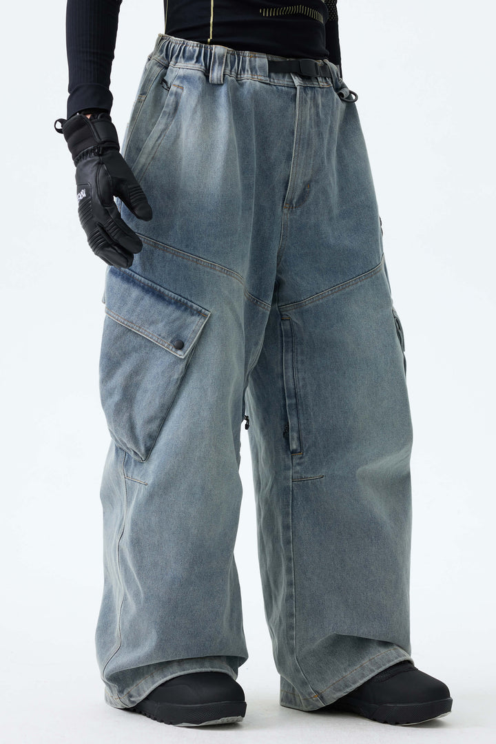 Men's Dusty Blue Wash Real Denim Vintage Utility Cargo Snow Pants