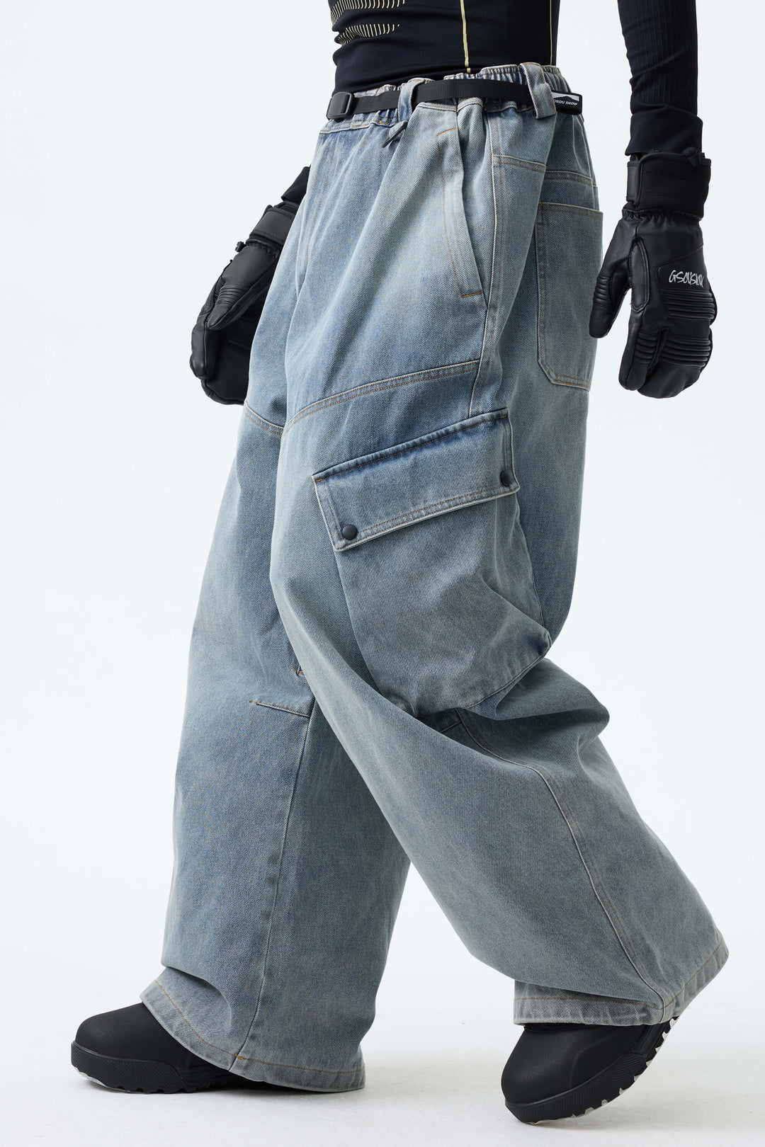 Men's Dusty Blue Wash Real Denim Vintage Utility Cargo Snow Pants