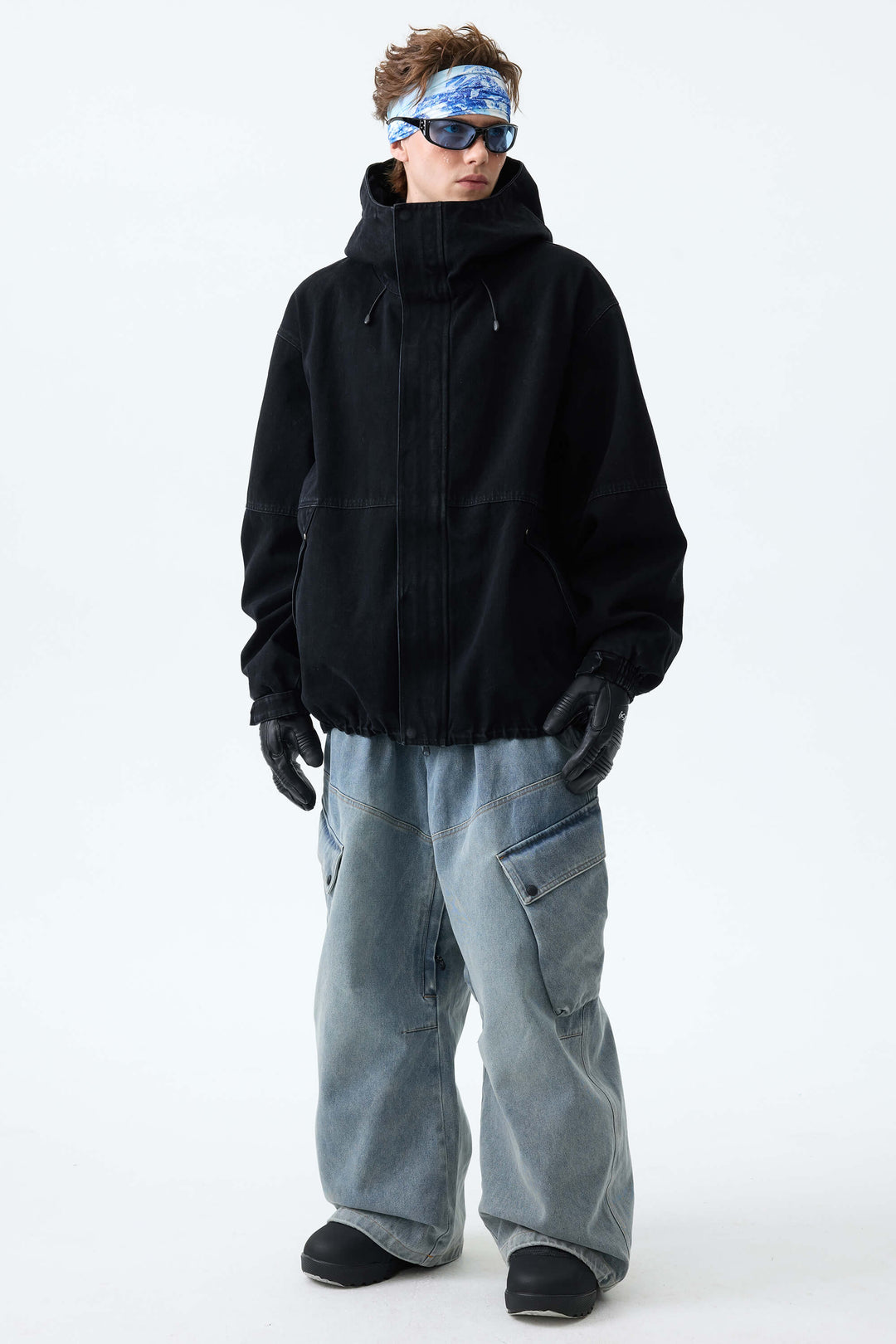 Men's Washed Black Real Denim Vintage Utility Cargo Snow Pants