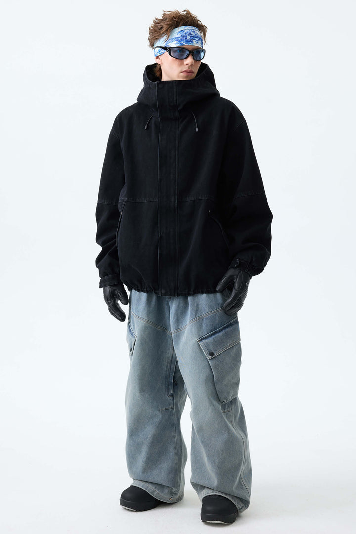 Men's Washed Black Real Denim Vintage Utility Cargo Snow Pants