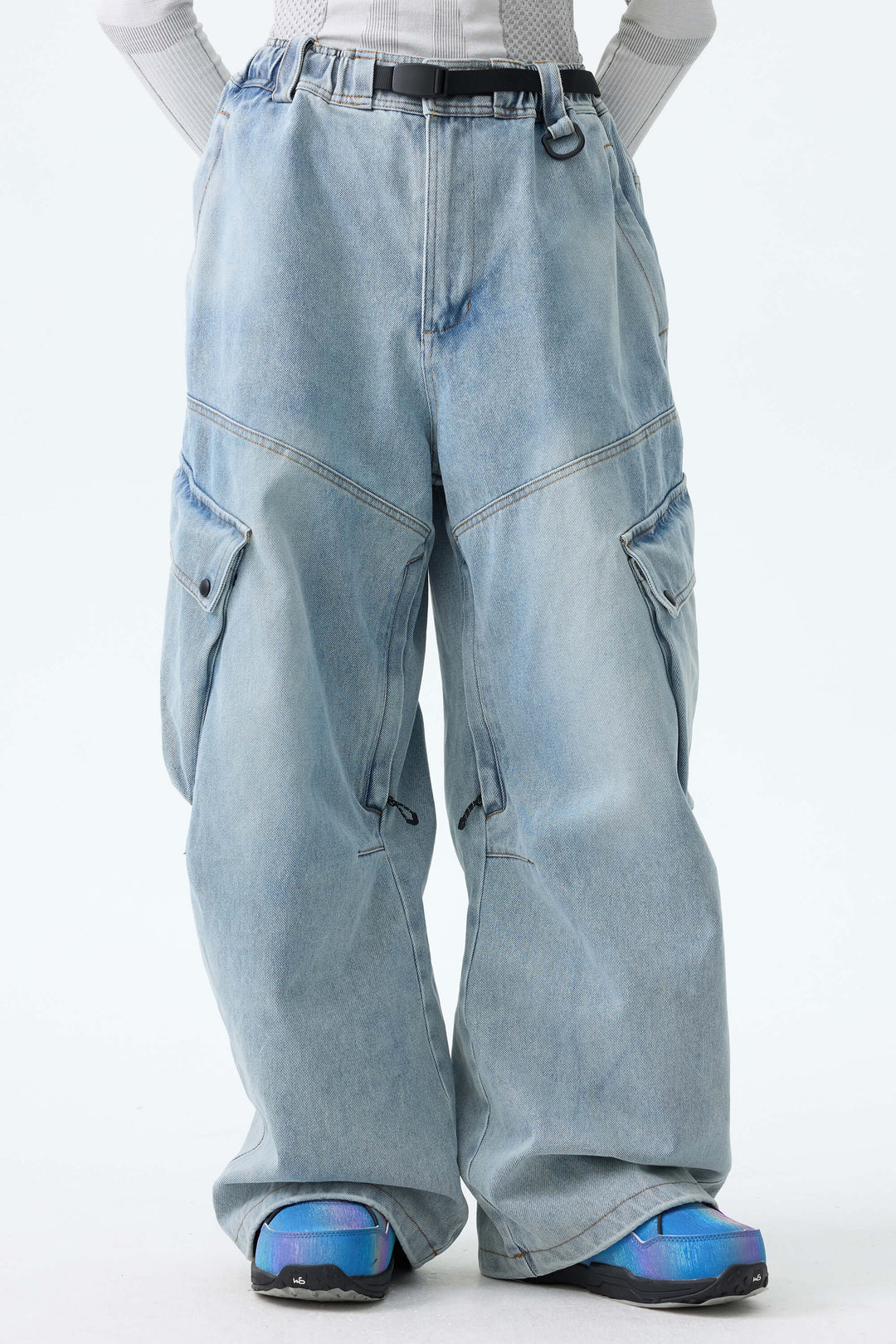 Women's Washed Black Real Denim Vintage Utility Cargo Snow Pants