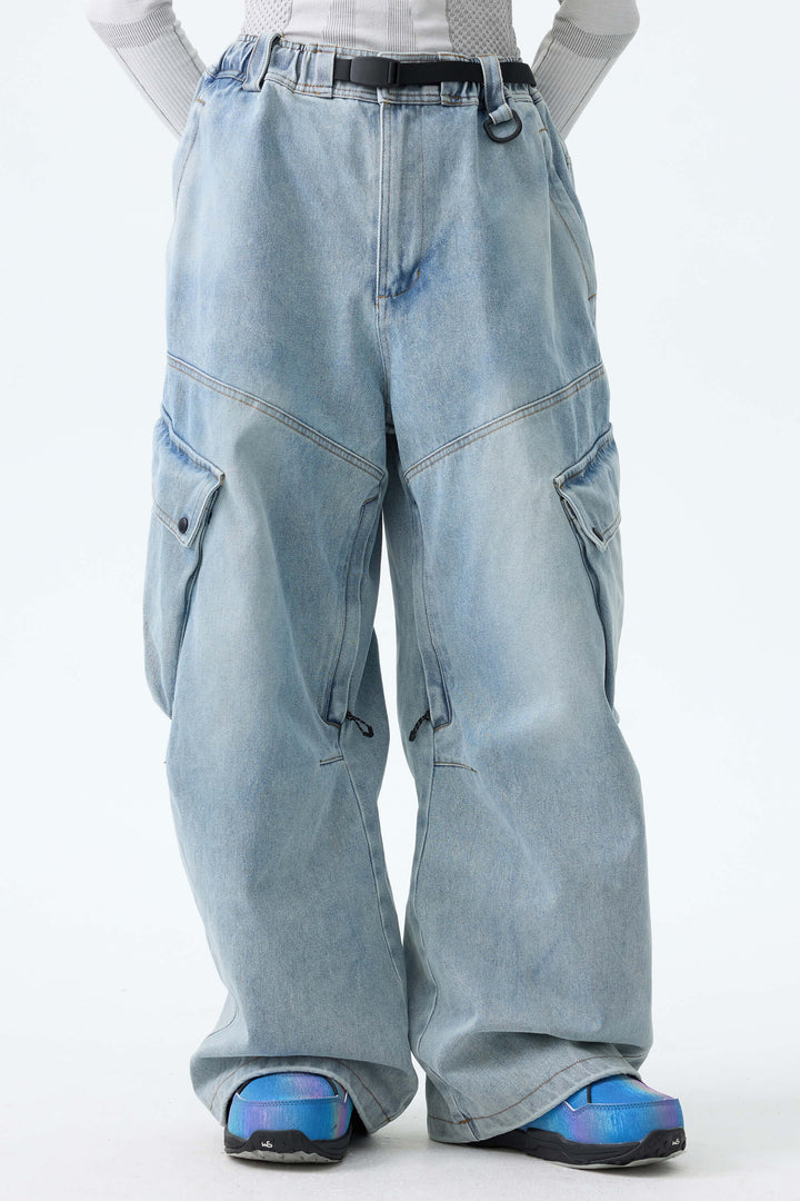 Women's Washed Black Real Denim Vintage Utility Cargo Snow Pants