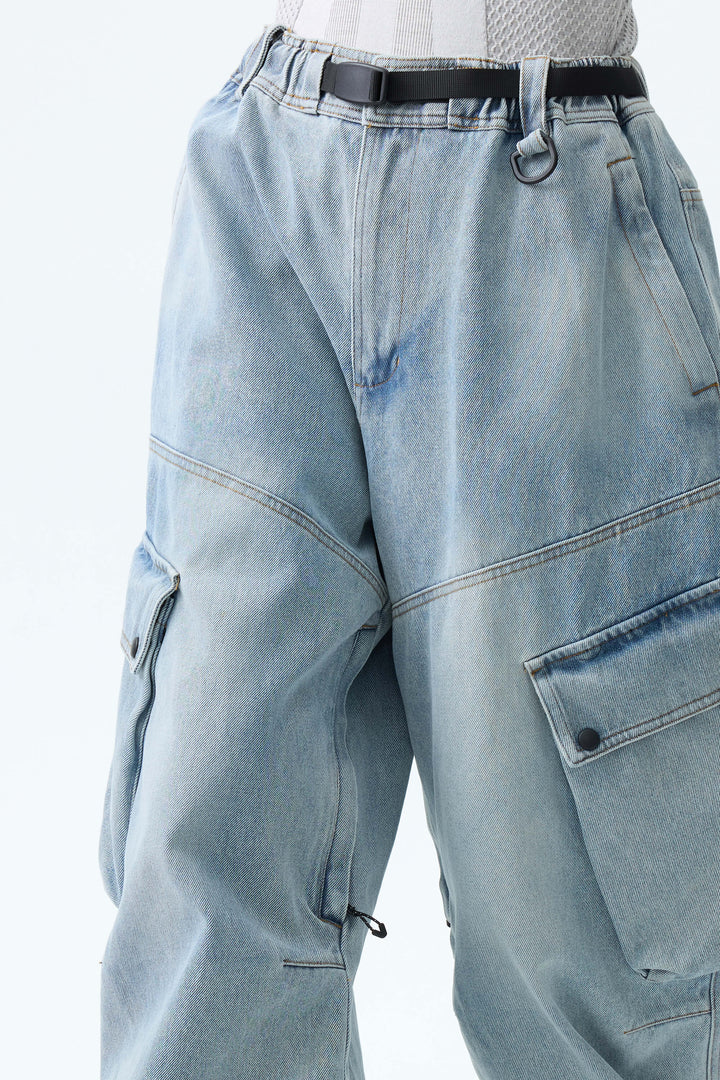 Women's Ice Blue Wash Real Denim Vintage Utility Cargo Snow Pants