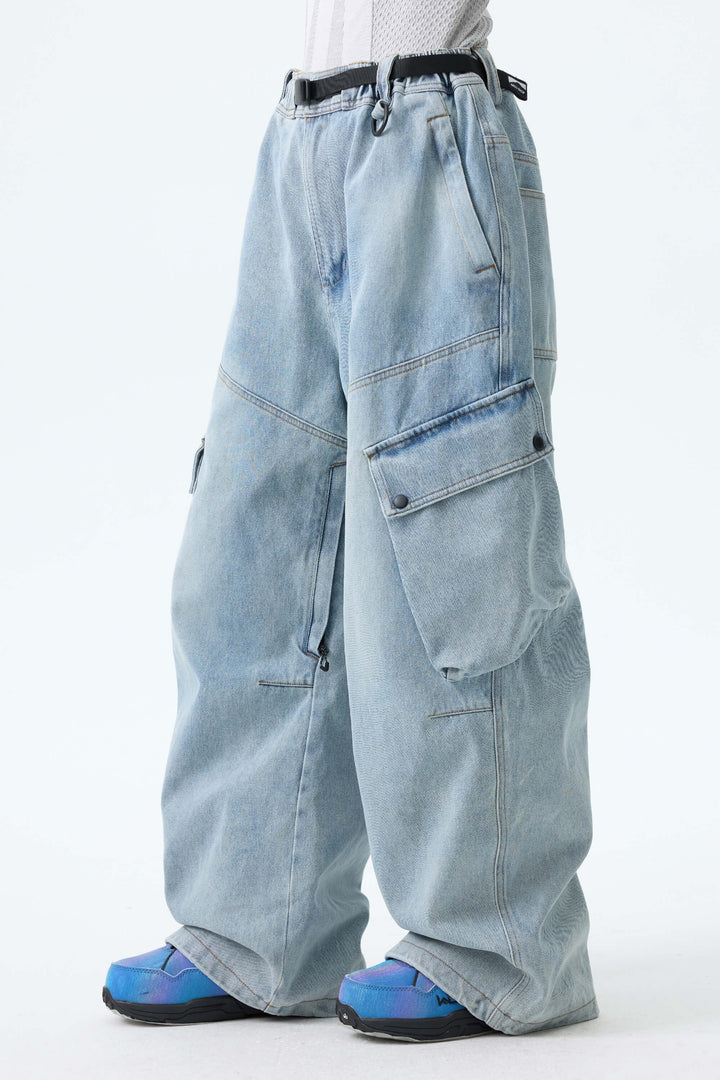 Women's Washed Black Real Denim Vintage Utility Cargo Snow Pants